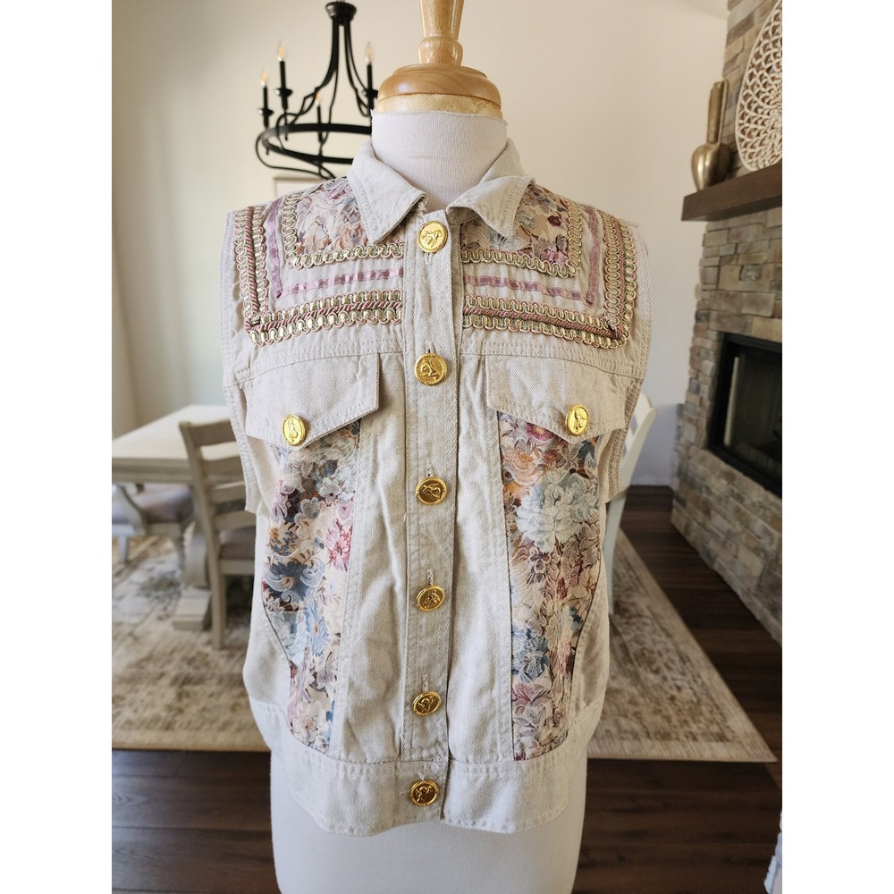 Saint Germain Paris Vintage Floral Tapestry Vest Gold Beige Small Cottagecore